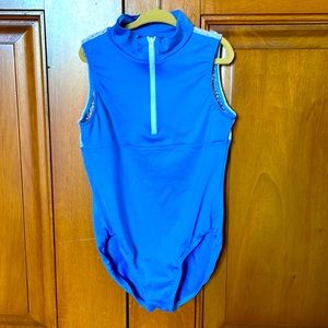 Short sleeve Leotard- Blue/White Large Child 12-14